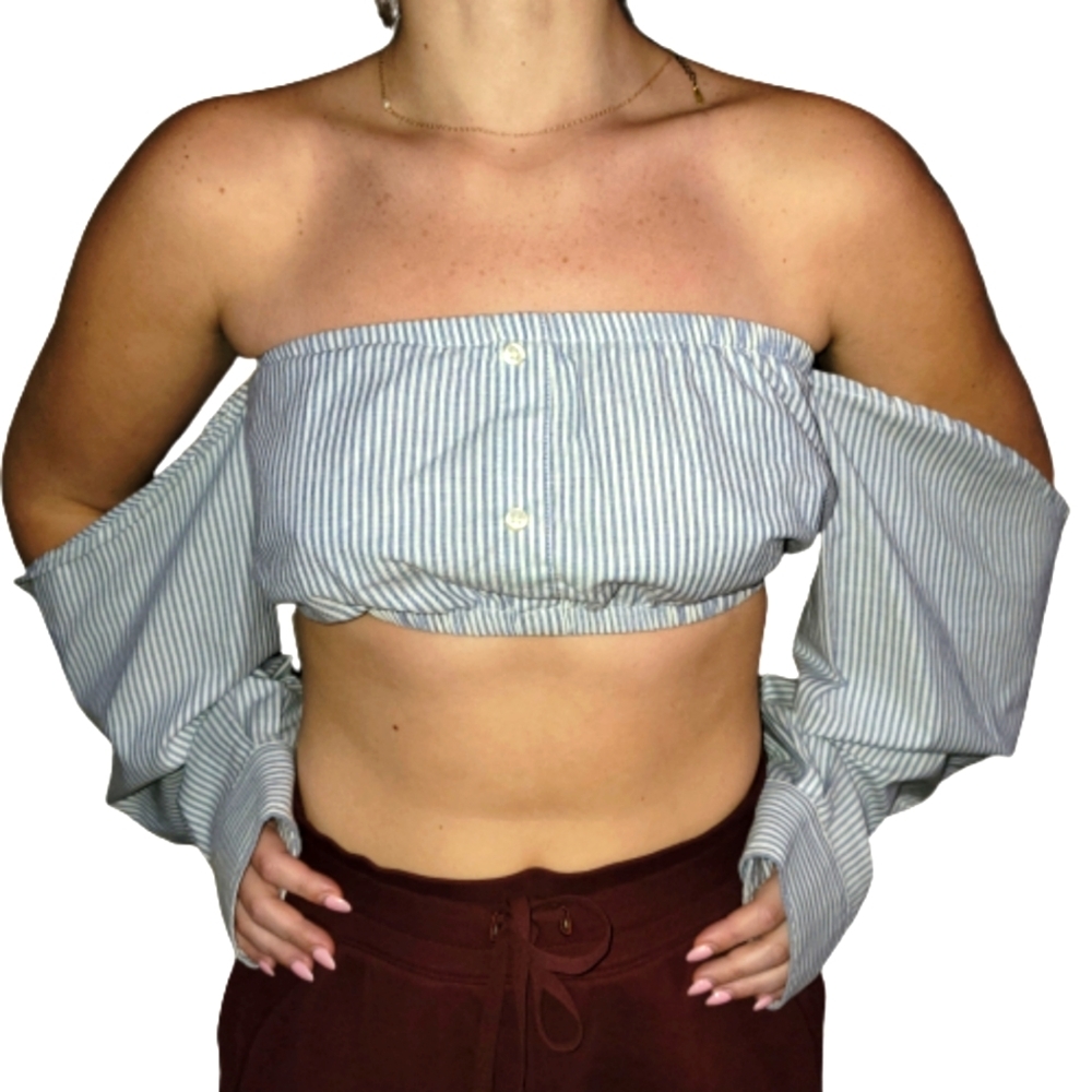Furst Of A‎ Kind Vintage Crop Tube Top Long Sleeve Reworked Striped Menswear OS